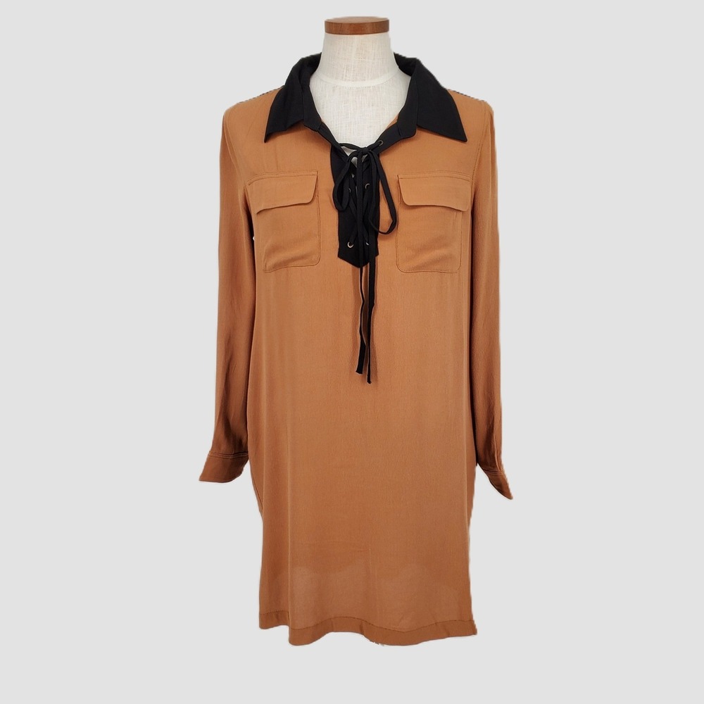 Tulip B Womens XLarge Lace Up Shirt Dress Camel Brown Black Contrast Long Sleeve